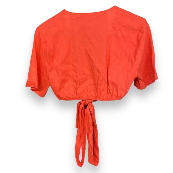 ZARA Coral Linen Blend Cropped Top With Wrap Tie Bow Medium - Picture 4 of 4